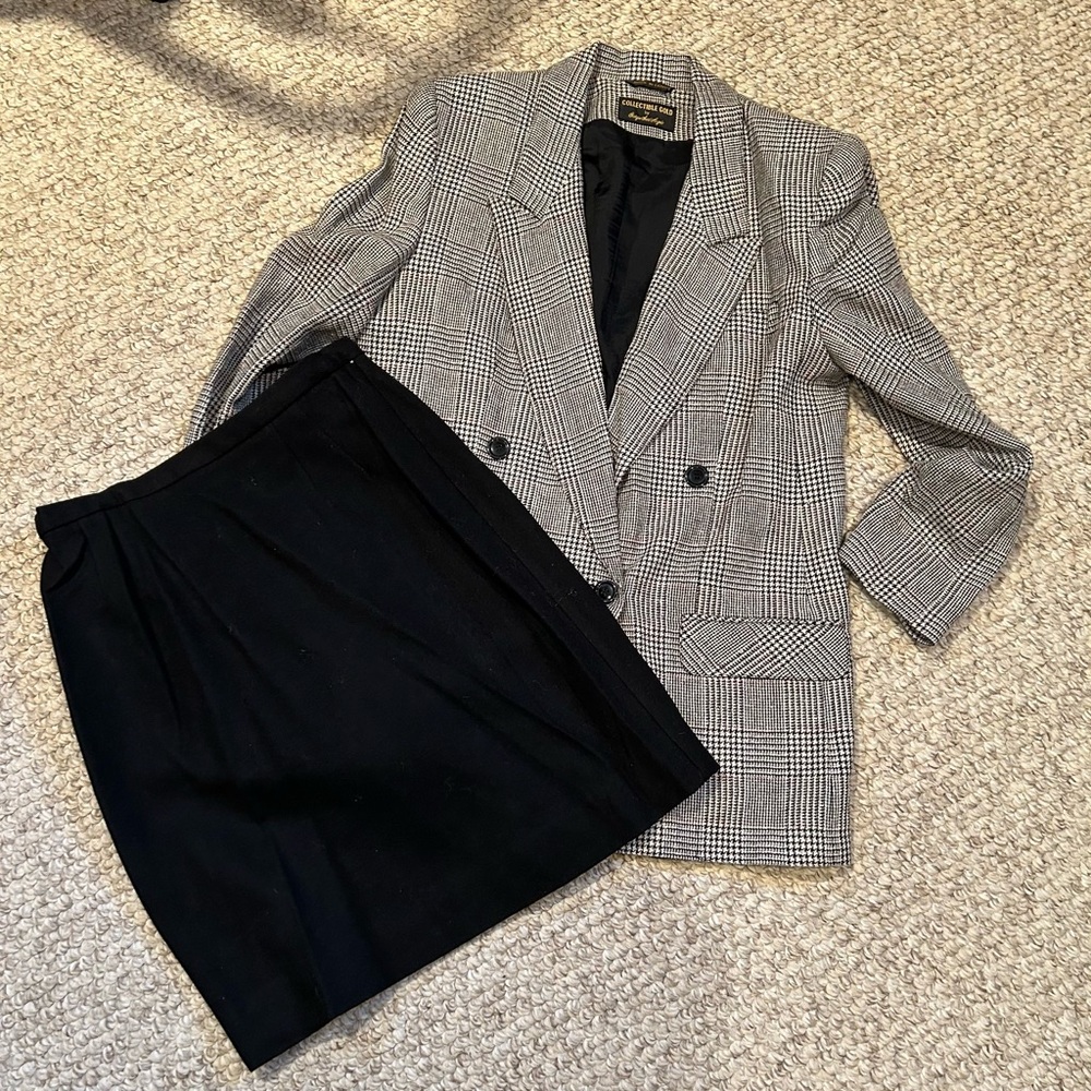 Classic Black, Grey & White Double Breasted Plaid Blazer with a Black Wool Skirt